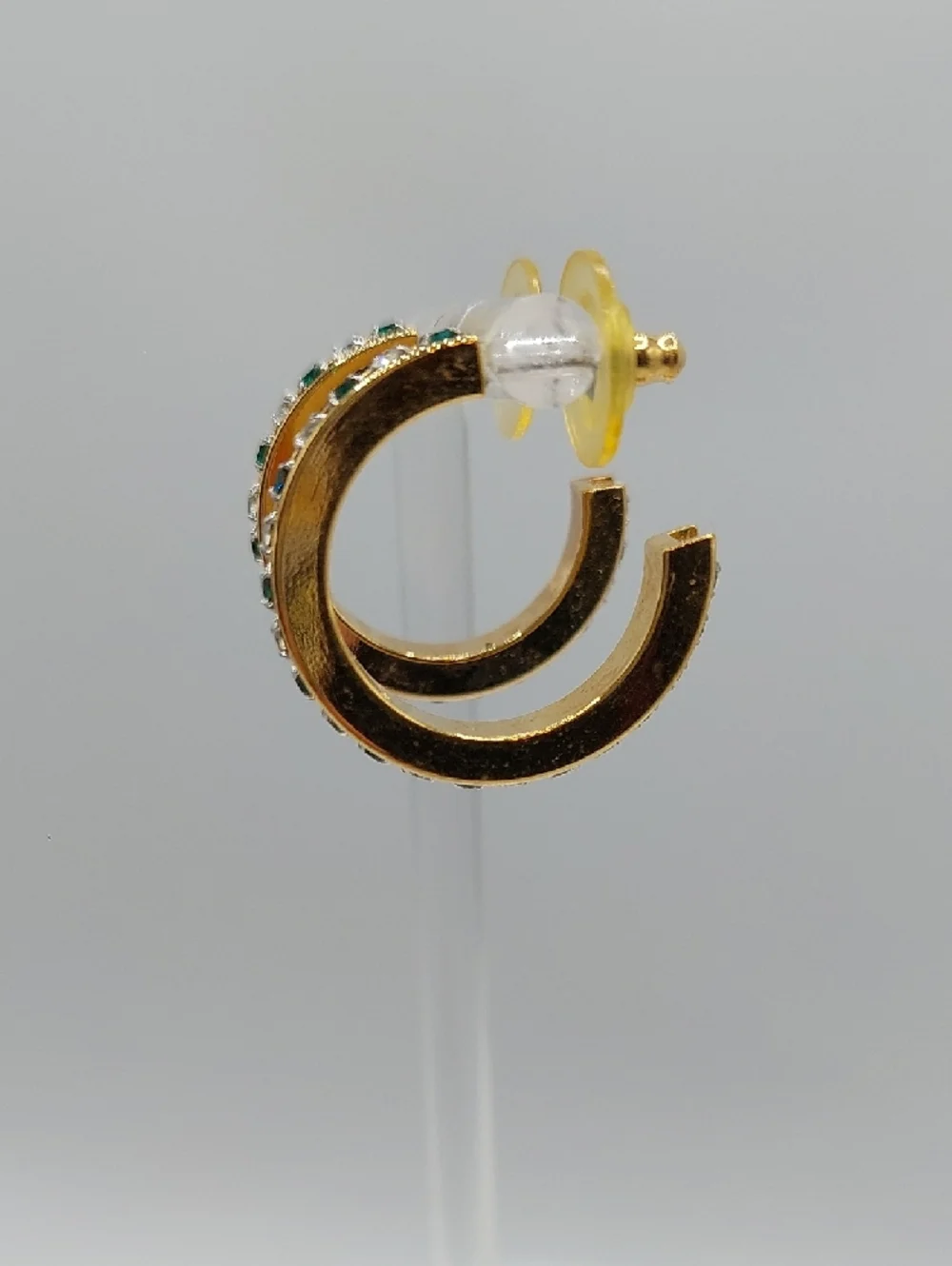 Bold Goldtone Hoop Earrings Channel-set Green & Clear Rhinestones EUC - Picture 4 of 6